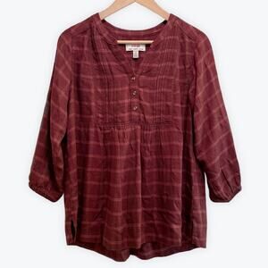Wrangler Brown Plaid Henley Pintuck Blouse Womens Size S Grunge Western Prairie